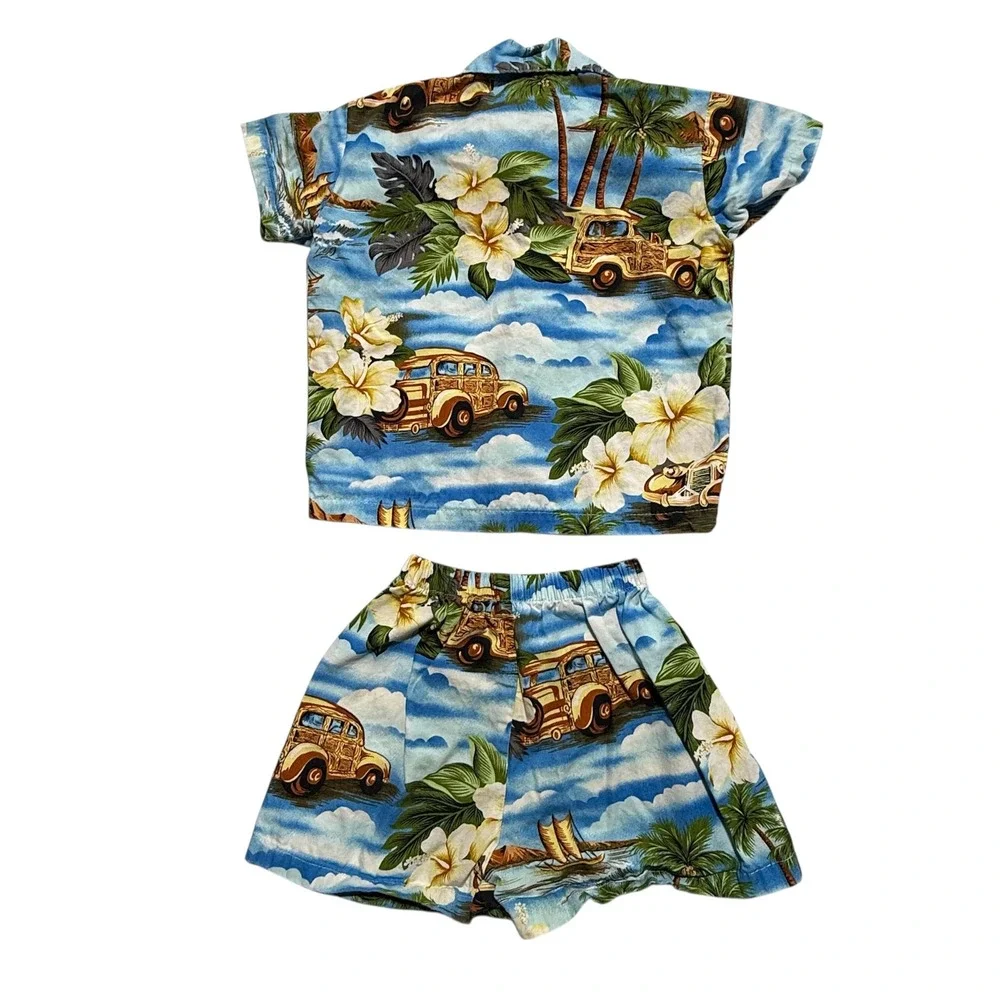 Vintage KY'S Hawaii Kids Hawaiian Shirt and Shorts Set Blue Woody Car Y2K 1